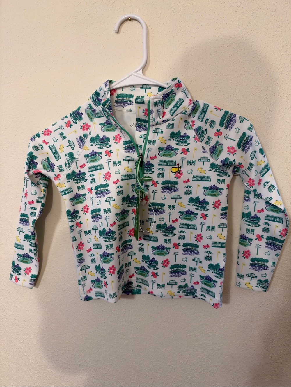 NWT Kids Masters Quarter Zip 3T- White with Green & Pink Print